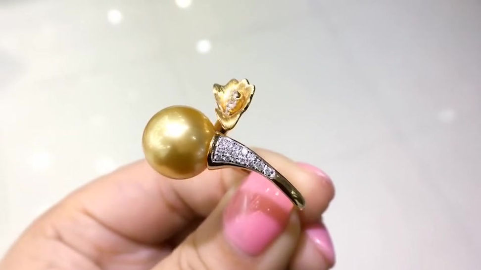 12-13 mm Golden South Sea Pearl Adjustable Ring, 18k Gold w/ Diamond - AAAA